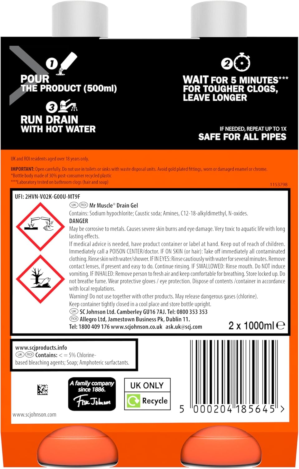 Mr Muscle Drain Unblocker, Sink & Drain Cleaner, Fast Acting Heavy Duty Gel Formula, Dissolves Clogs, Works 3x Better Than Bleach, Safe for All Pipes, Duo Pack, (2 x 1L)