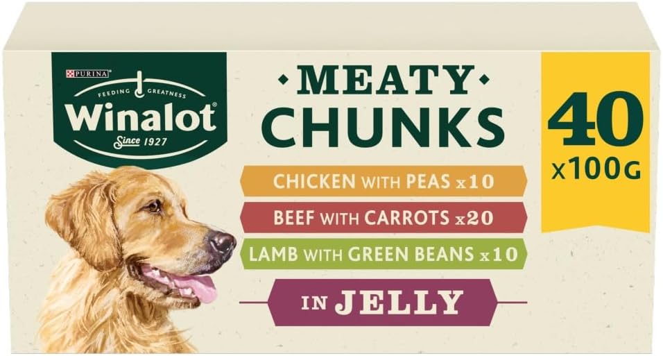WINALOT Meaty Chunks Adult Wet Dog Food Mixed in Jelly Beef, Chicken, Lamb 40x100g Pouches