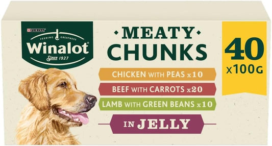 WINALOT Meaty Chunks Adult Wet Dog Food Mixed in Jelly Beef, Chicken, Lamb 40x100g Pouches
