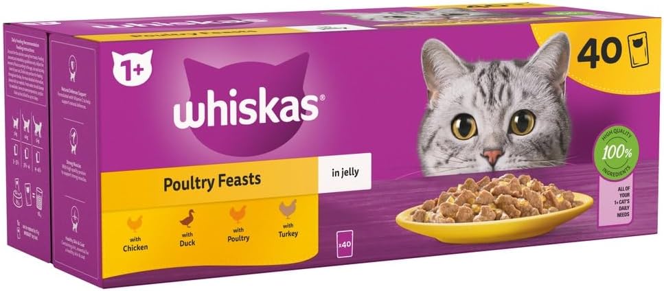 WHISKAS 1+ Adult Wet Cat Food Pouches - 40 x 85 g - Poultry Selection - Bulk Cat Food Megapack - 40 Jelly Pouches