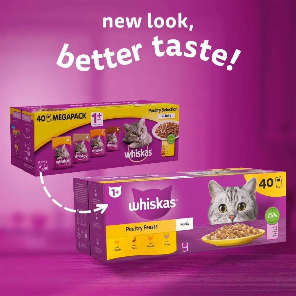 WHISKAS 1+ Adult Wet Cat Food Pouches - 40 x 85 g - Poultry Selection - Bulk Cat Food Megapack - 40 Jelly Pouches