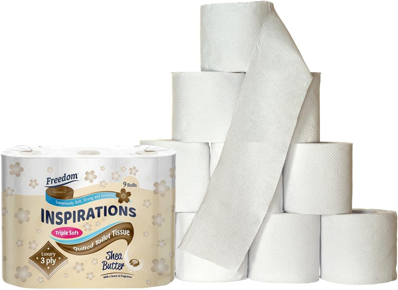 Freedom Inspirations Luxury 3Ply Toilet Roll - 45 Quilted Shea Butter Triple Soft and Scented Hygiene Bulk White Toilet Tissue and Loo Rolls