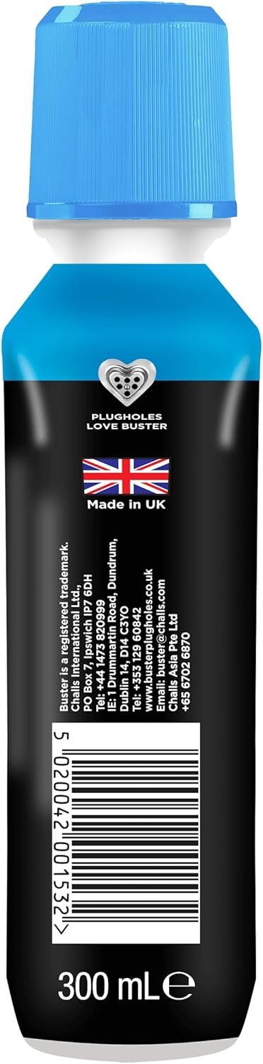 Buster Bathroom Drain Unblocker 300ml, Pack of 2 – Sink Unblocker Removes Hair & Sludge in Showers, Baths & Sinks. Fast-Acting Shower Drain Unblocker Clears Blockages & Slow-Draining Water