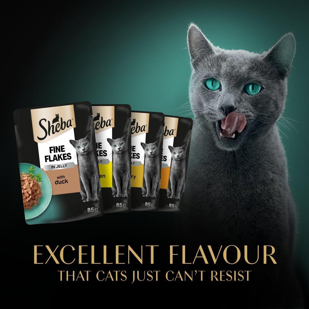 Sheba Fine Flakes in Jelly – Poultry Collection – Wet cat food pouches for adult cats – 40x85g pack