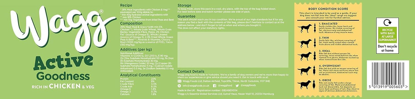 Wagg Active Goodness Complete Dry Adult Dog Food Chicken & Veg 12kg - For All Active Working Dog Breeds