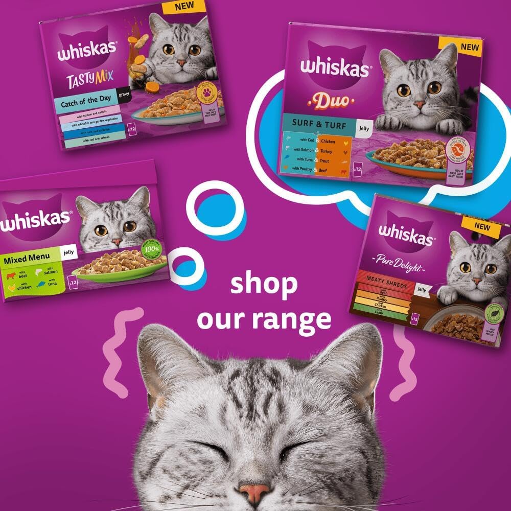 WHISKAS 1+ Adult Wet Cat Food Pouches - 40 x 85 g - Poultry Selection - Bulk Cat Food Megapack - 40 Jelly Pouches