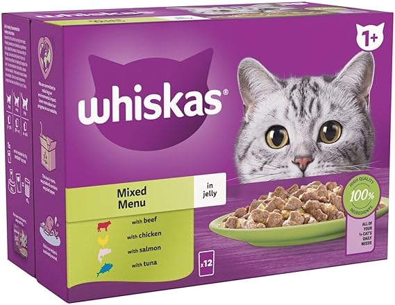 Whiskas 1+ Mixed Menu in Jelly, 144 x 85g Pouches, Adult Wet Cat Food