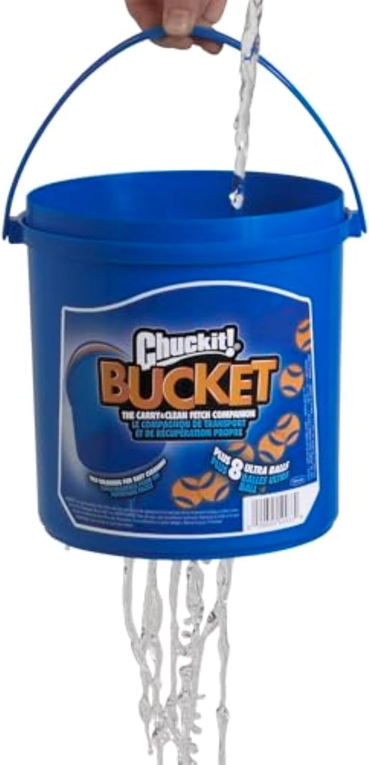 ChuckIt! Ultra Ball Dog Toy Chuckit Bucket Durable Rubber Dog Ball and Bucket High Bounce Floating Chuck It Launcher Compatible Toy Balls For Dogs with Carrier, 8 Pack, Medium