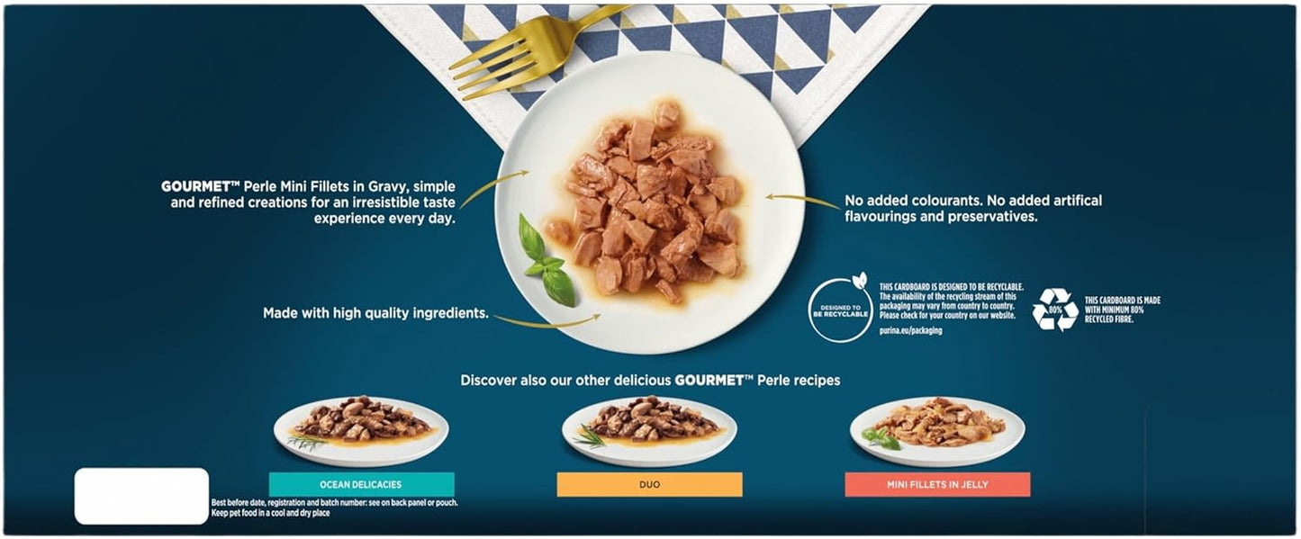 GOURMET Perle Chef's Collection Adult Wet Cat Food Mini Fillets in Gravy Variety Turkey, Tuna, Duck, Lamb 40 x 85g Pouches