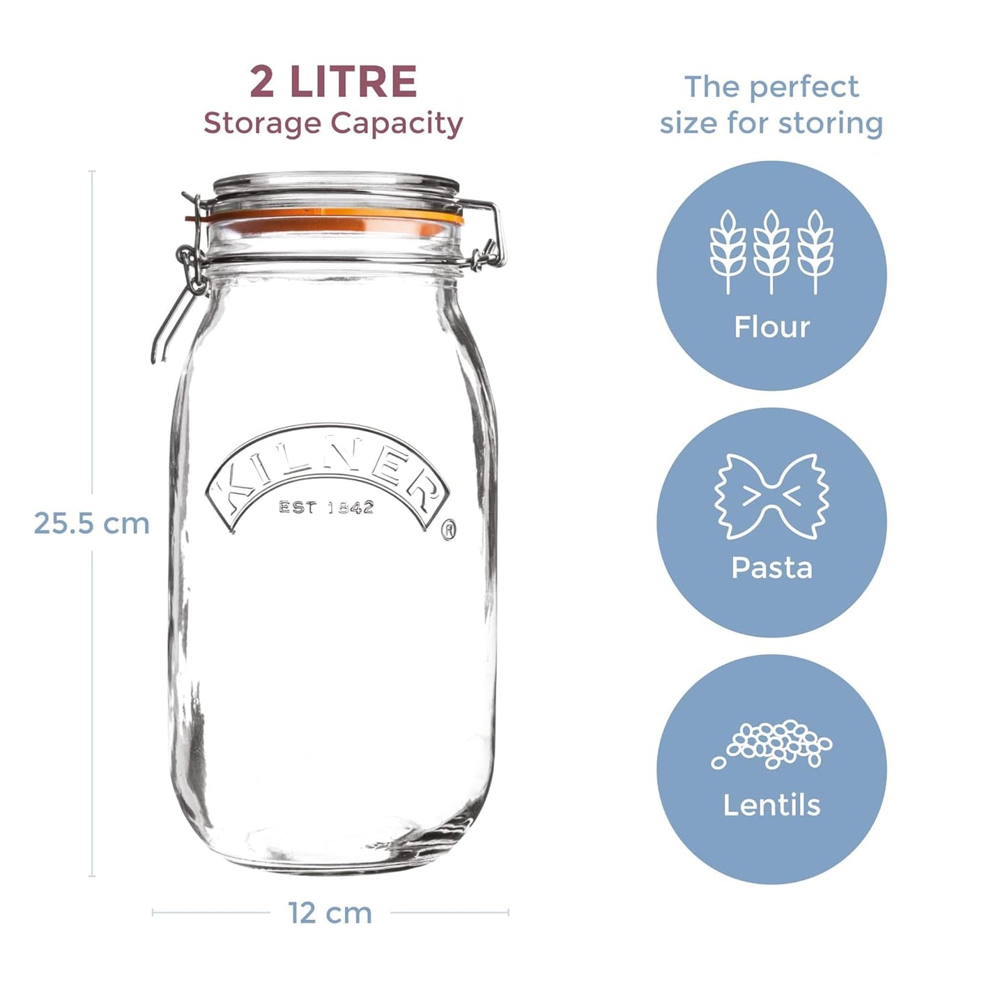 Kilner Clip Top Jar 2 Litre (2000 ml) Airtight Glass Storage Jar for Preserving Fruits Vegetables Coffee Tea Rice Flour Nuts Pasta