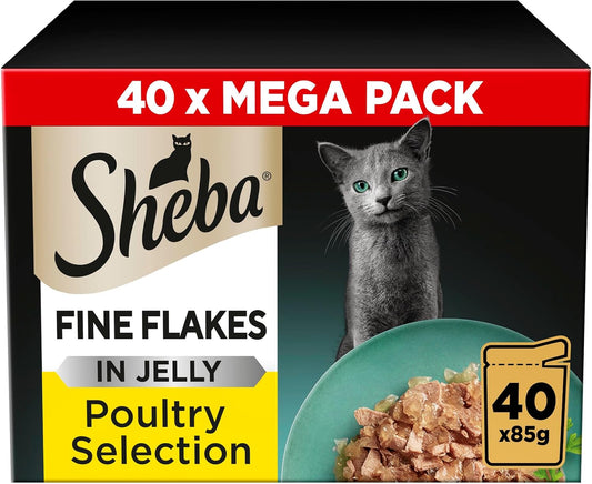 Sheba Fine Flakes in Jelly – Poultry Collection – Wet cat food pouches for adult cats – 40x85g pack