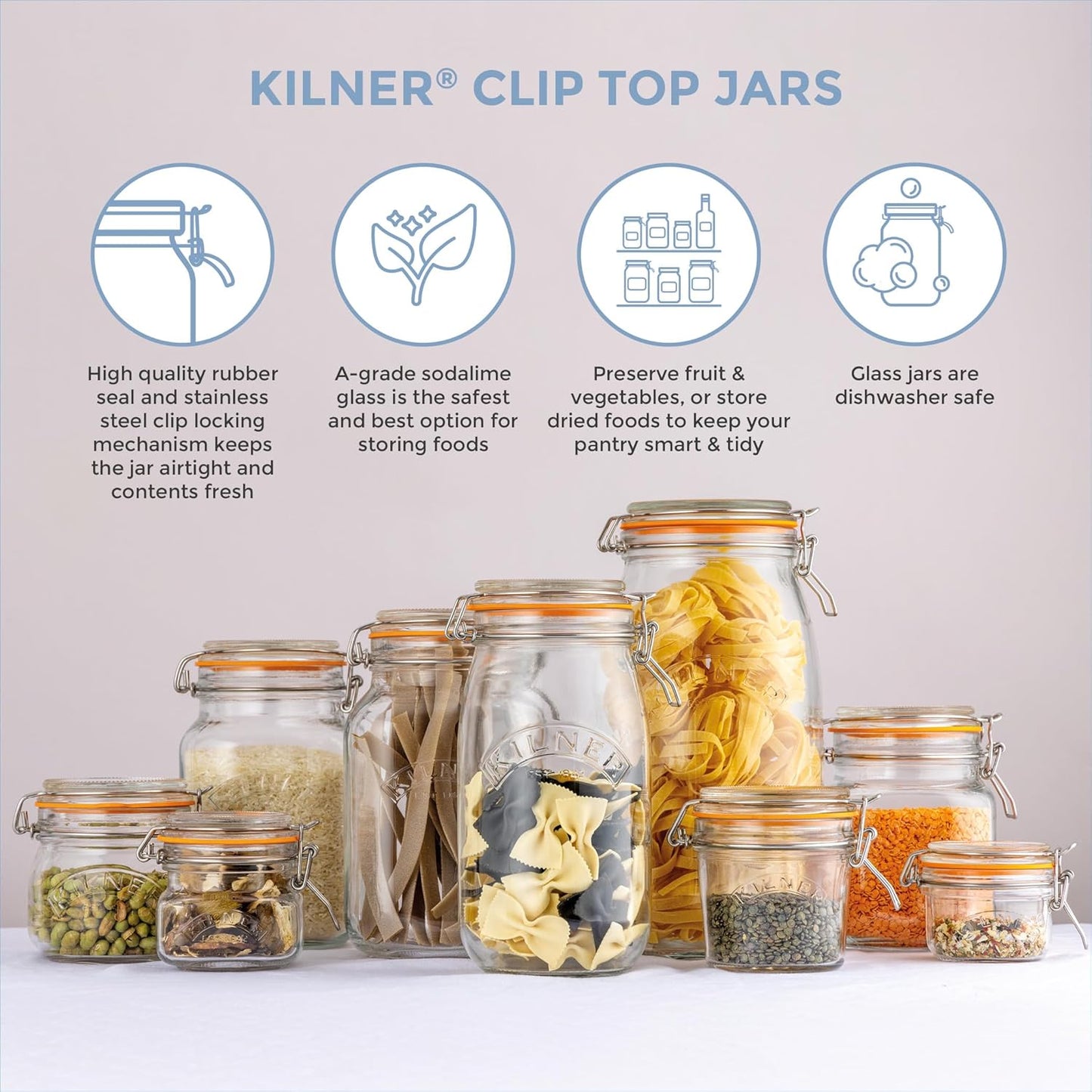 Kilner Clip Top Jar 2 Litre (2000 ml) Airtight Glass Storage Jar for Preserving Fruits Vegetables Coffee Tea Rice Flour Nuts Pasta