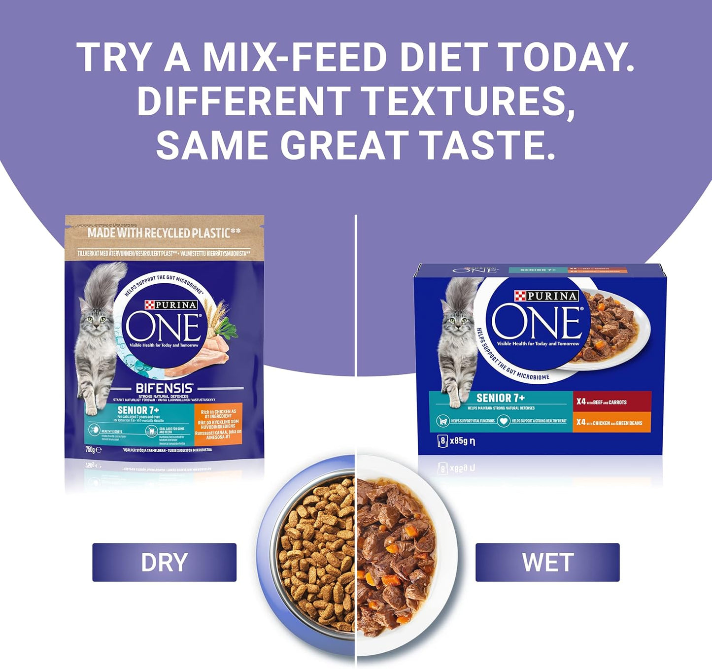 PURINA ONE Senior 7+ Mini Fillets Chicken and Beef Wet Cat Food 8x85g (Pack of 5)