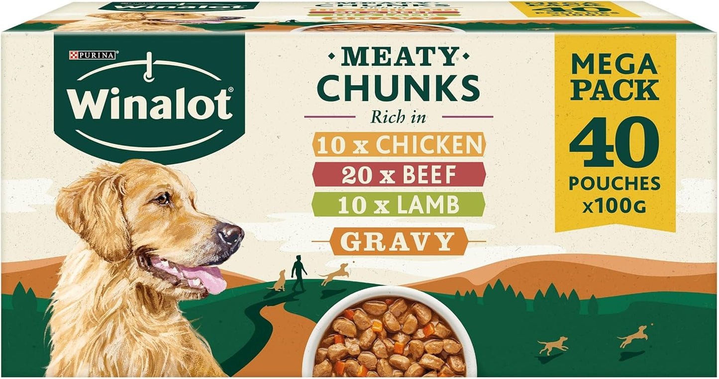 WINALOT Meaty Chunks Mixed in Gravy Wet Dog Food Pouches 40x100g