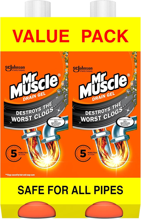 Mr Muscle Drain Unblocker, Sink & Drain Cleaner, Fast Acting Heavy Duty Gel Formula, Dissolves Clogs, Works 3x Better Than Bleach, Safe for All Pipes, Duo Pack, (2 x 1L)