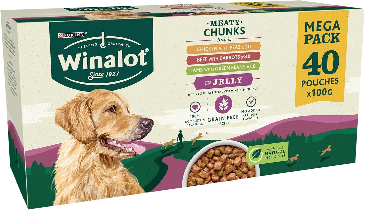 WINALOT Meaty Chunks Adult Wet Dog Food Mixed in Jelly Beef, Chicken, Lamb 40x100g Pouches