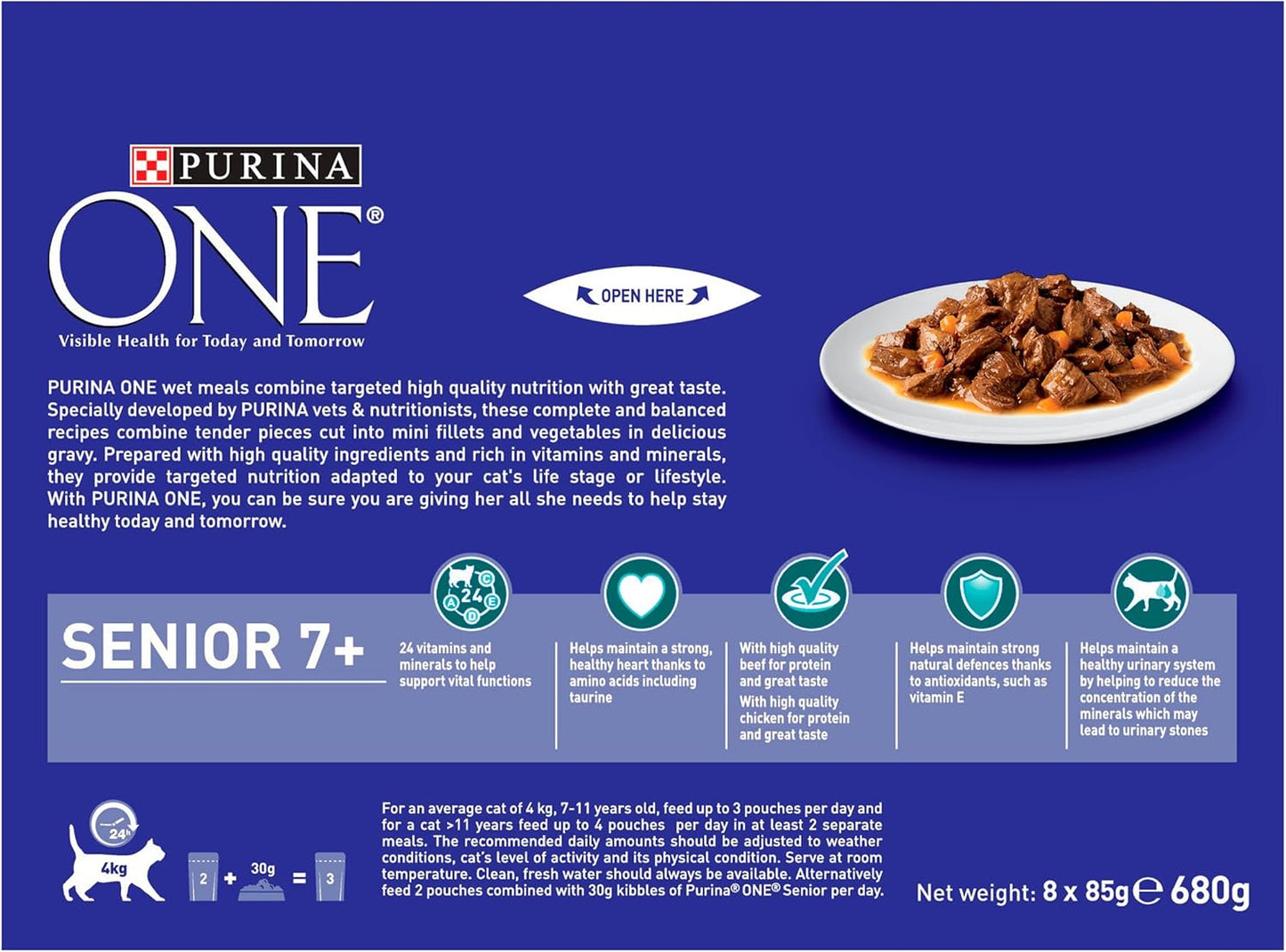 PURINA ONE Senior 7+ Mini Fillets Chicken and Beef Wet Cat Food 8x85g (Pack of 5)