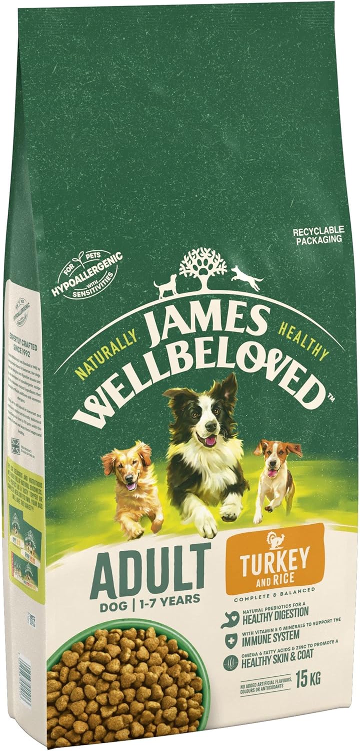 JAMES WELLBELOVED - Hypoallergenic Adult Dry Dog Food - 15 kg - Turkey & Rice - Bulk Dog Food Pack
