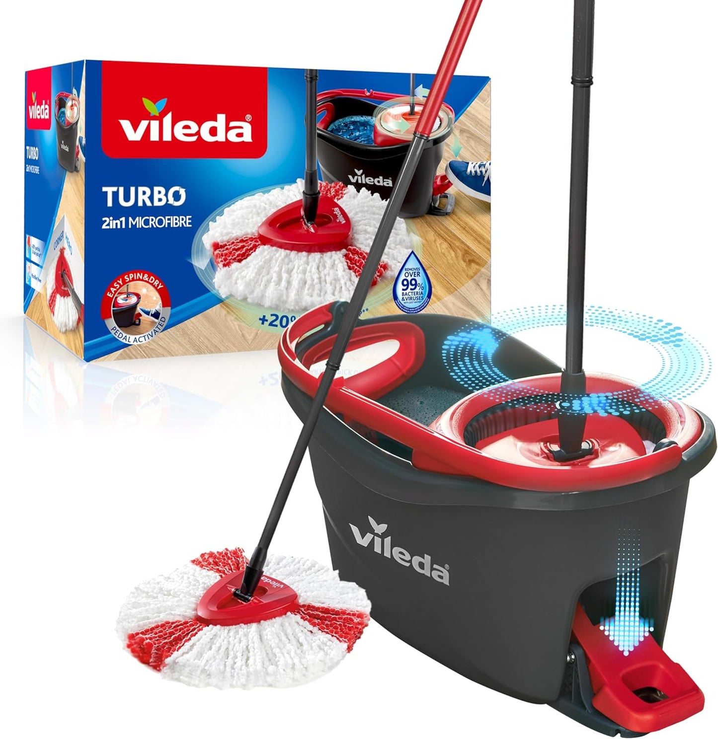 Vileda Turbo 2-in-1 Microfibre Spin Mop And Bucket Set, Spin Mop For Cleaning Floors, Set Of 1x Mop And 1x Bucket, Eco Packaging, Telescopic handle 85-123cm, 2in1 microfibre mop head