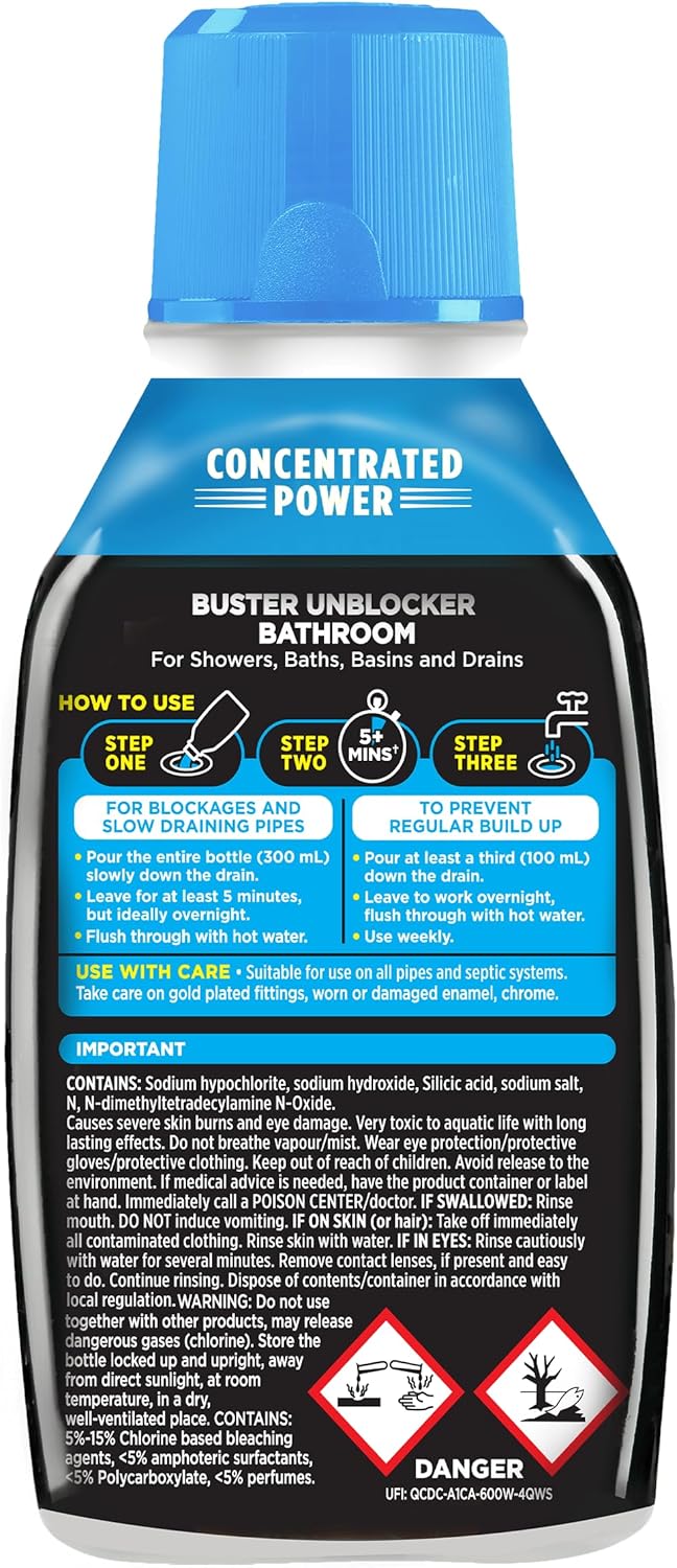 Buster Bathroom Drain Unblocker 300ml, Pack of 2 – Sink Unblocker Removes Hair & Sludge in Showers, Baths & Sinks. Fast-Acting Shower Drain Unblocker Clears Blockages & Slow-Draining Water