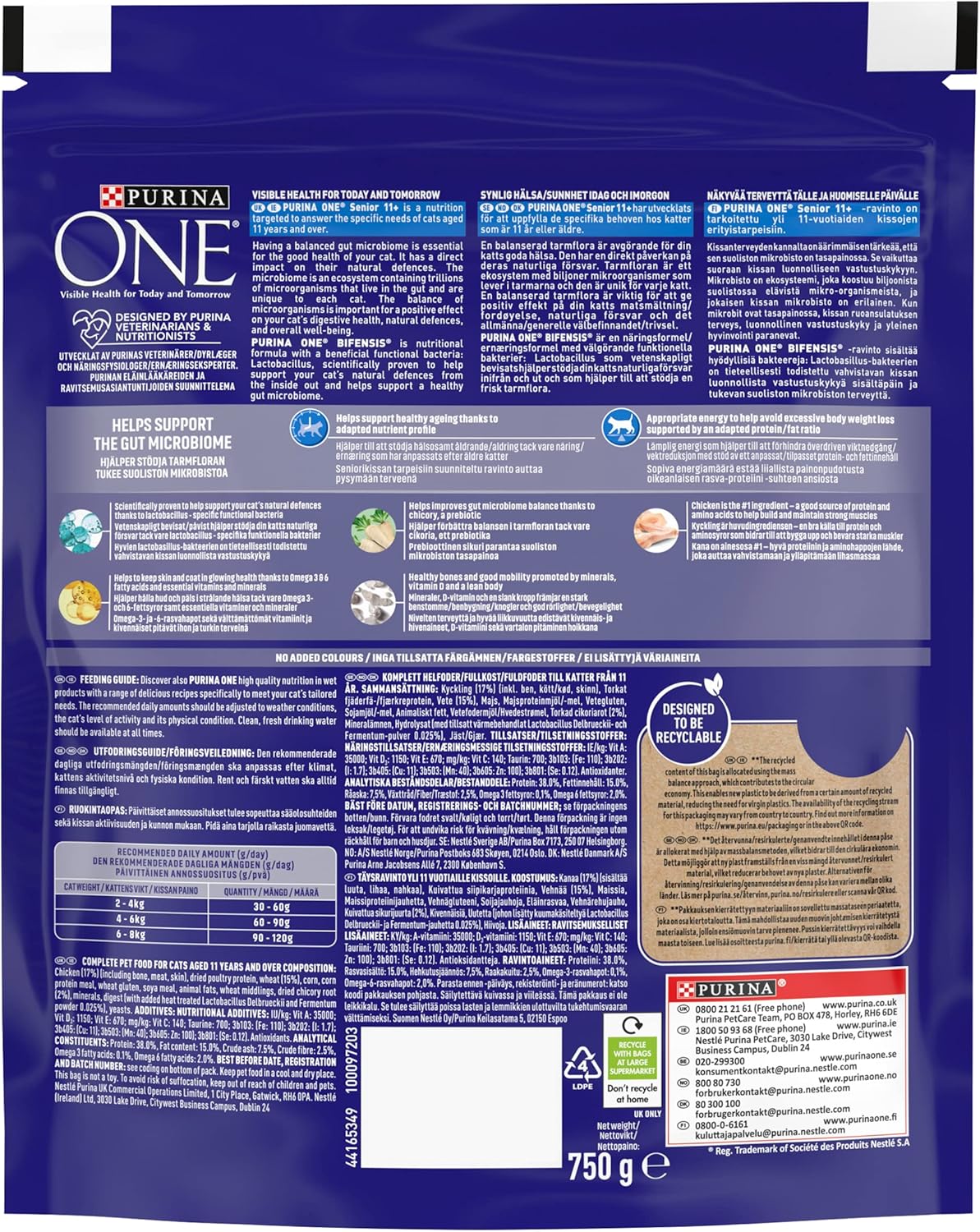 PURINA ONE Senior 11+ Chicken Dry Cat Food 750g (Pack of 4)