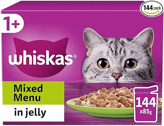 Whiskas 1+ Mixed Menu in Jelly, 144 x 85g Pouches, Adult Wet Cat Food