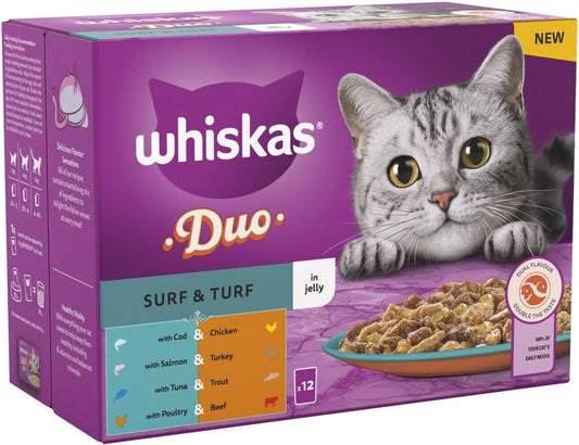 Whiskas 1+ Surf & Turf in Jelly 144 x 85g Pouches – Adult Wet Cat Food Megapack with Meat & Fish Variety, Nutritionally Balanced Meals with Essential Vitamins & Minerals for Cats Aged 1+